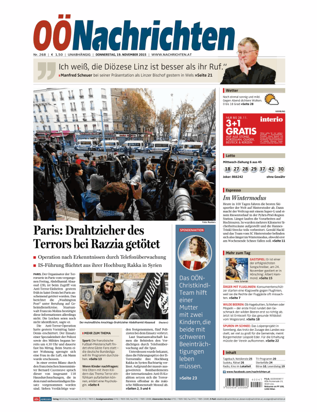 Titelseite der OÖNachrichten vom 19. November 2015 mit dem Titel: „Paris: Drahtzieher des Terrors bei Razzia getötet.“