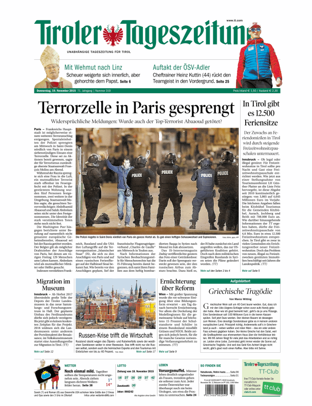 Titelseite der Tiroler Tageszeitung vom 19. November 2015 mit dem Titel „Terrorzelle in Paris gesprengt“.