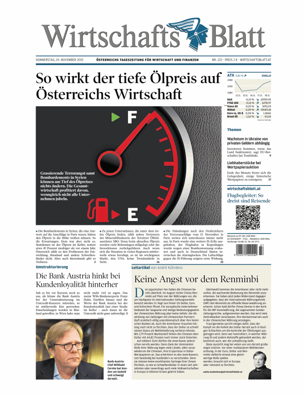 Titelseite des WirtschaftsBlatt vom 19. November 2015 mit dem Titel „So wirkt der tiefe Ölpreis auf Österreichs Wirtschaft“.