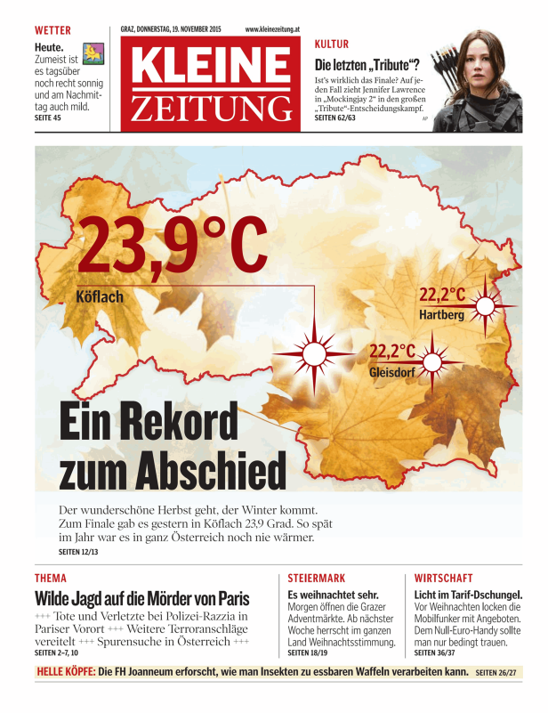 Titelseite der Kleinen Zeitung vom 19. November 2015 mit Wetterrekord und Artikeln.