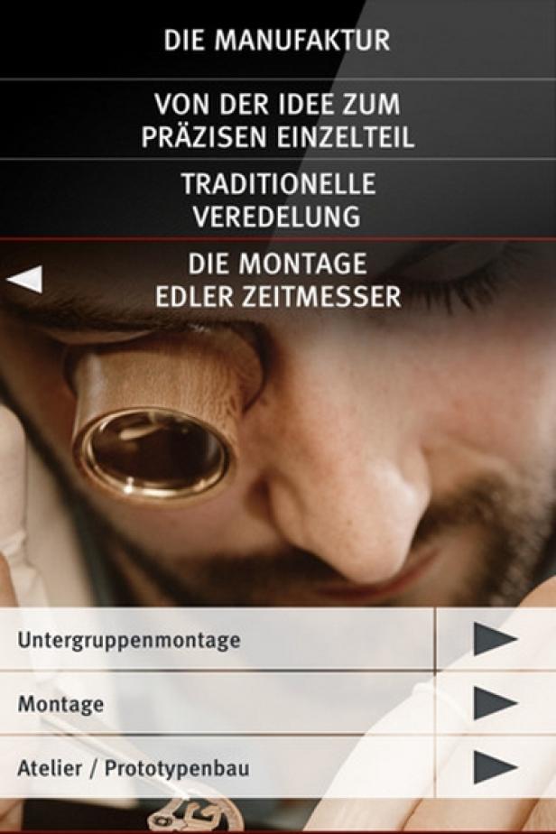 Glashütte Original - iPhone-App - Senator Terminkalender Ein Uhrmacher mit einer Lupe am Auge montiert eine Uhr.