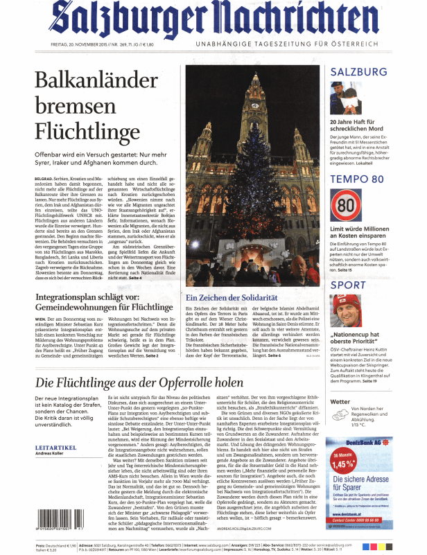 Titelseite der Salzburger Nachrichten vom 20. November 2015.