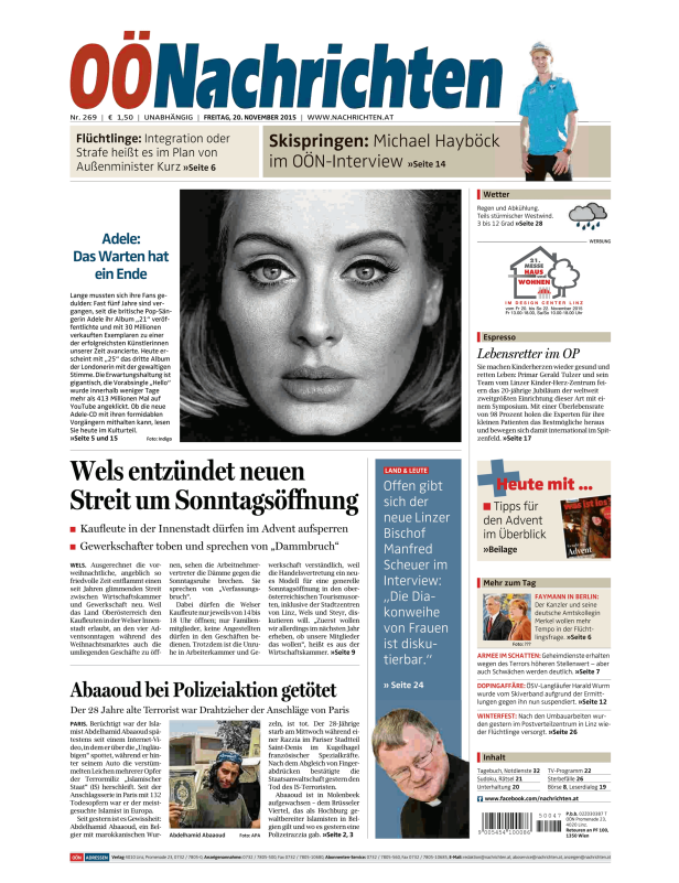 Titelseite der OÖNachrichten vom 20. November 2015 mit Artikeln über Adele, Abdelhamid Abaaoud und die Sonntagsöffnung in Wels.