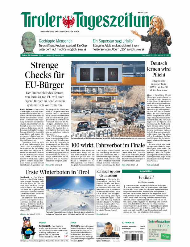 Titelseite der Tiroler Tageszeitung vom 20. November 2015.