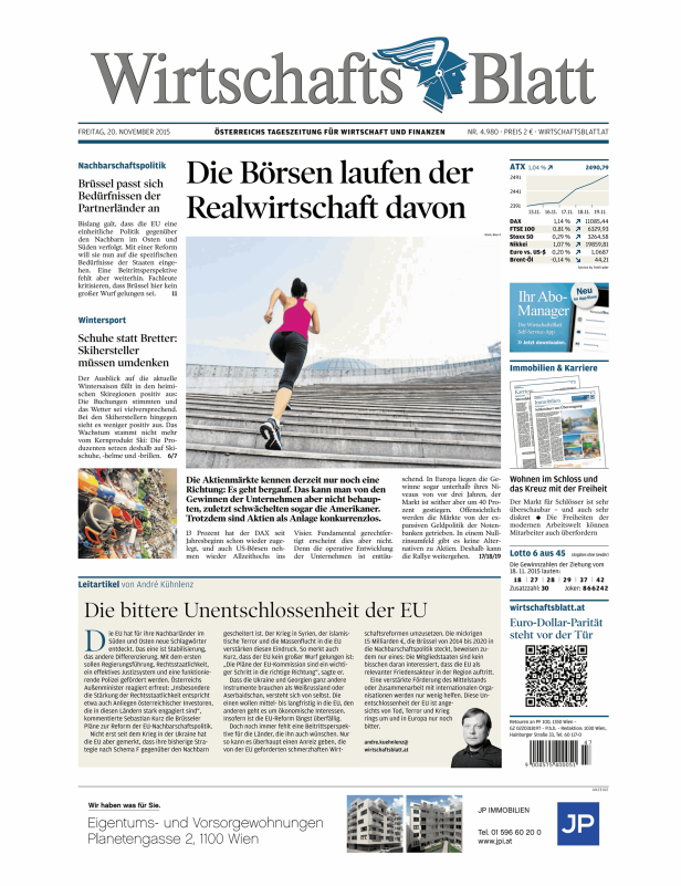 Eine Frau läuft eine Treppe hinauf, möglicherweise als Metapher für wirtschaftlichen Aufstieg.
