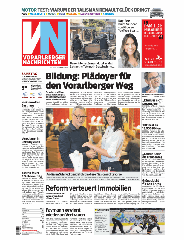 Titelseite der Vorarlberger Nachrichten vom 21. November 2015.