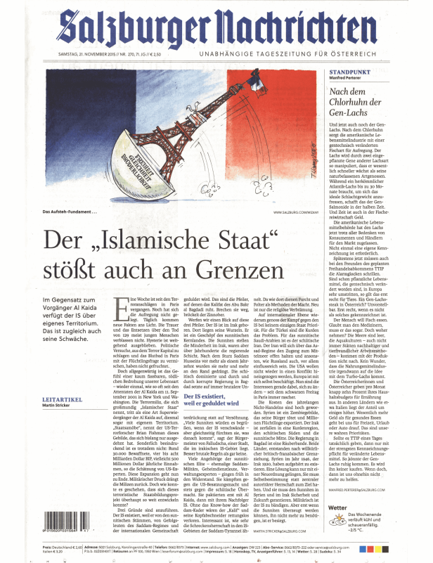 Eine Karikatur zeigt den Eiffelturm, der auseinanderbricht, mit der französischen Flagge und den Worten „Freiheit, Gleichheit, Brüderlichkeit“.