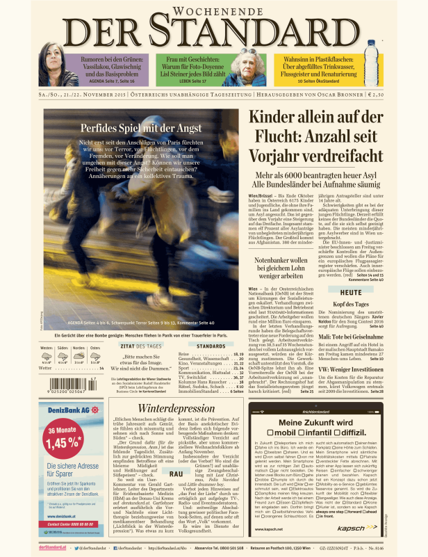 Titelseite der Zeitung „Der Standard“ vom 21./22. November 2015 mit Artikeln zu verschiedenen Themen.
