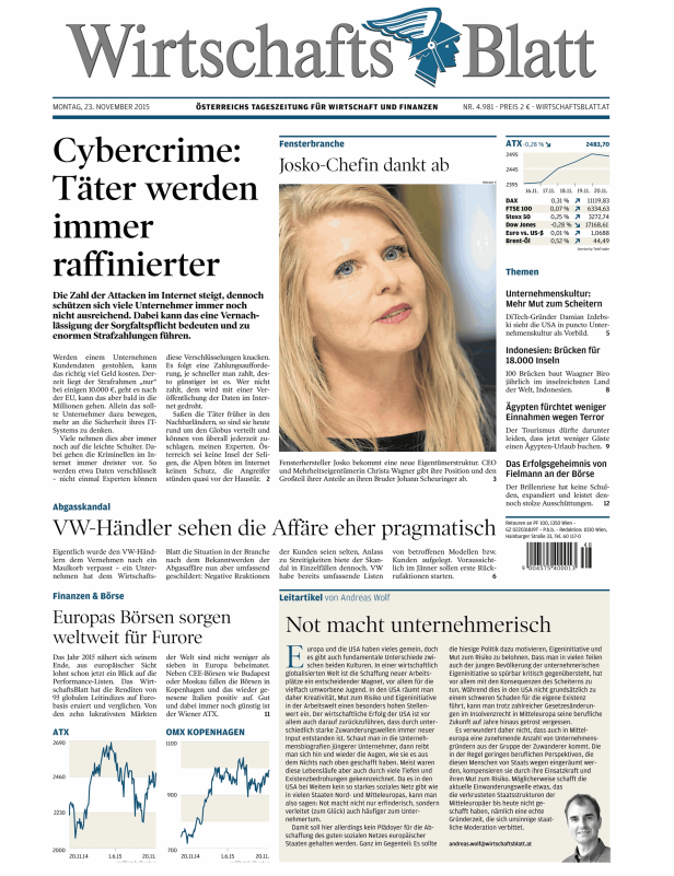 Titelseite des WirtschaftsBlatt vom 23. November 2015 mit Artikeln zu Cybercrime und Wirtschaftsthemen.