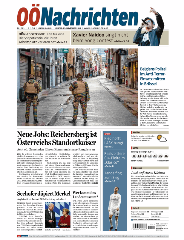 Ein Zeitungsartikel der OÖNachrichten vom 23. November 2015 mit dem Titel „Belgiens Polizei im Anti-Terror-Einsatz mitten in Brüssel“.