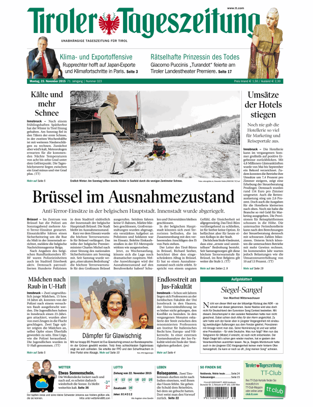 Kinder tollen im Schnee in Seefeld, wie auf der Titelseite der Tiroler Tageszeitung zu sehen ist.