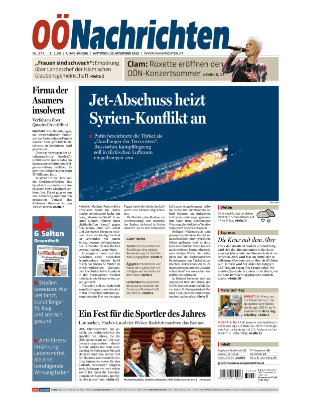 Titelseite der OÖNachrichten vom 25. November 2015 mit dem Titel „Jet-Abschuss heizt Syrien-Konflikt an.“