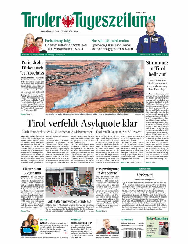 Titelseite der Tiroler Tageszeitung vom 25. November 2015.