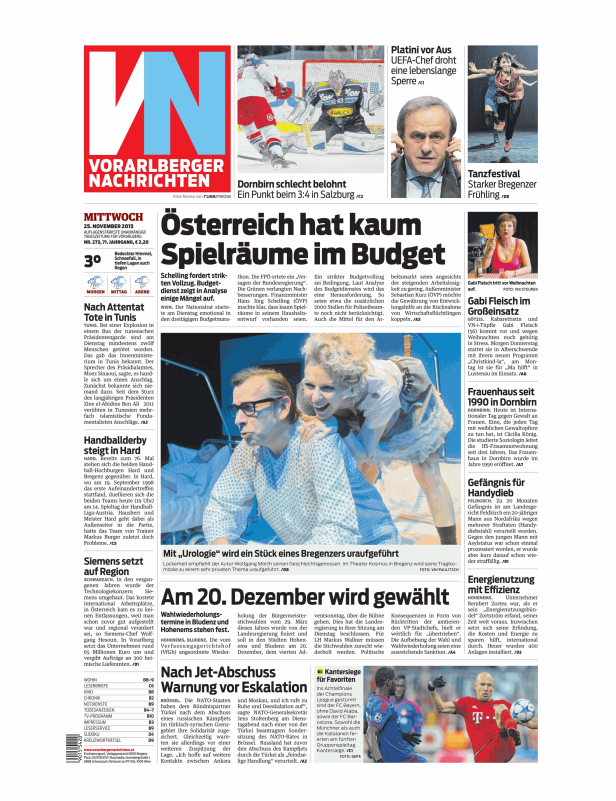 Titelseite der Vorarlberger Nachrichten vom 25. November 2015.