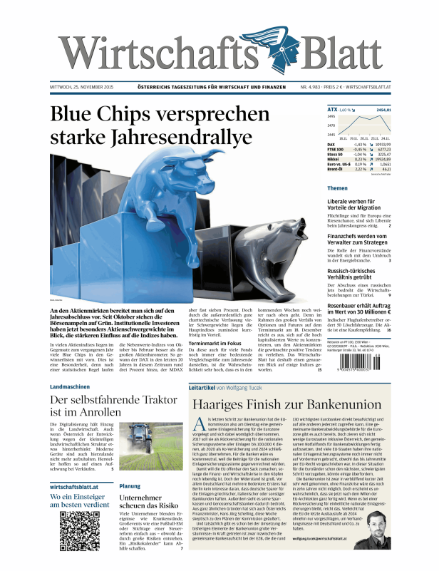 Titelseite des Wirtschaftsblatt vom 25. November 2015 mit dem Titel „Blue Chips versprechen starke Jahresendrallye“.