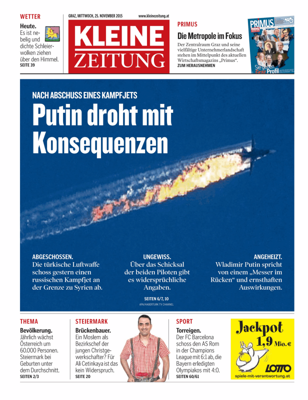 Titelseite der Kleinen Zeitung vom 25. November 2015 mit Artikeln zu Putin, einem abgeschossenen Kampfjet und Sport.