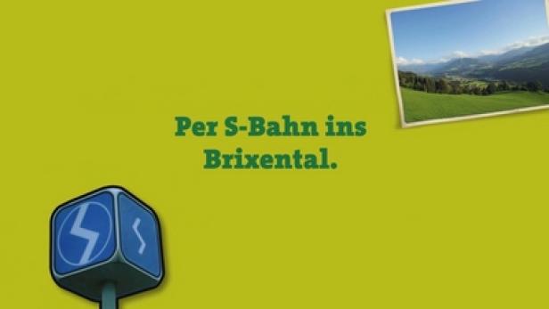 Werbung für die S-Bahn ins Brixental mit einem Landschaftsbild im Hintergrund.