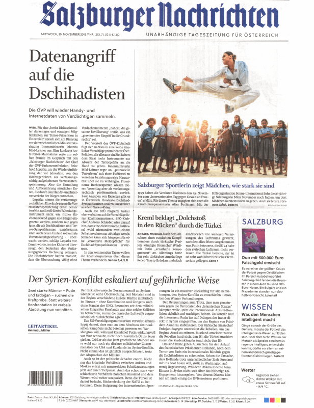 Titelseite der Salzburger Nachrichten vom 25. November 2015.