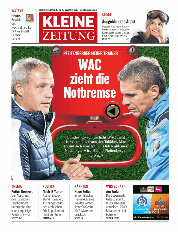 Titelseite der Kleinen Zeitung vom 26. November 2015 mit dem Thema Trainerwechsel beim WAC.
