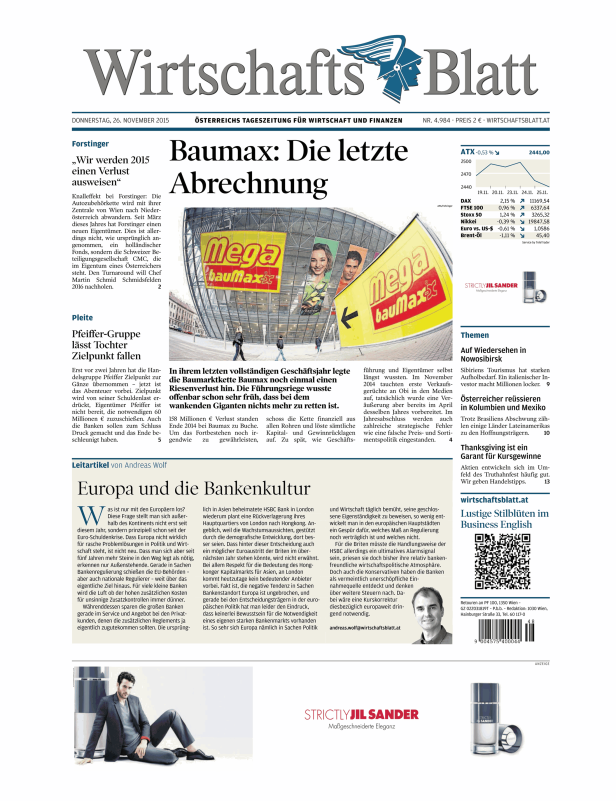 Titelseite des Wirtschaftsblatt vom 26. November 2015 mit dem Titel „Baumax: Die letzte Abrechnung“.