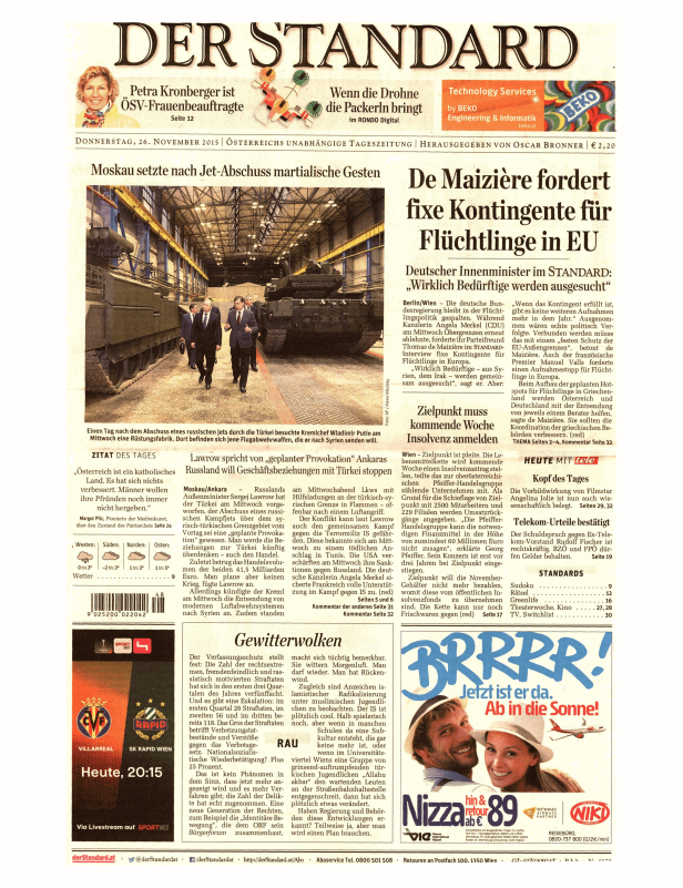 Titelseite der Zeitung Der Standard vom 26. November 2015.