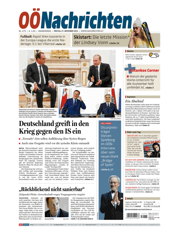 Titelseite der OÖNachrichten vom 27. November 2015 mit Artikeln zu Fußball, Skifahren und Politik.
