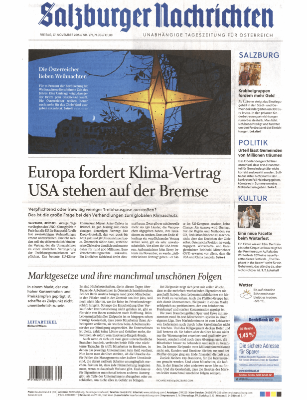 Titelseite der Salzburger Nachrichten vom 27. November 2015.