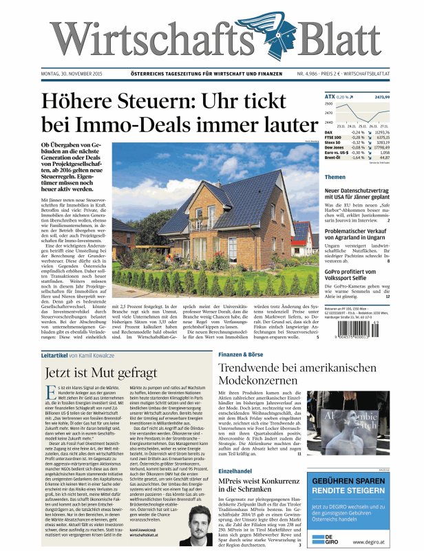 Titelseite des Wirtschaftsblatt vom 30. November 2015 mit der Schlagzeile „Höhere Steuern: Uhr tickt bei Immo-Deals immer lauter.“