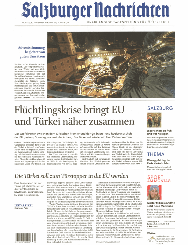 Titelseite der Salzburger Nachrichten vom 30. November 2015 mit Artikeln über die Flüchtlingskrise und den Klimagipfel.