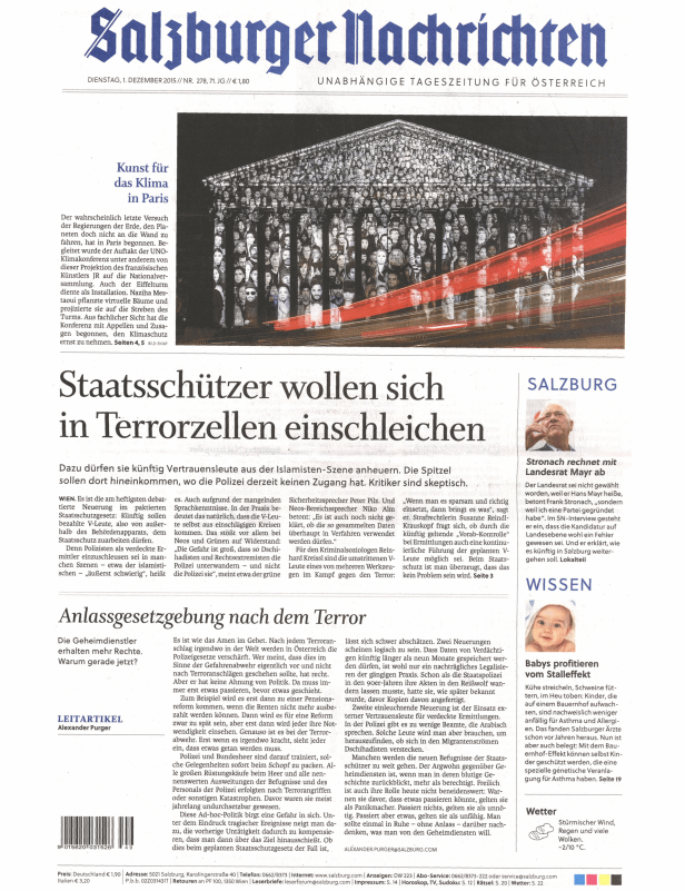 Titelseite der Salzburger Nachrichten vom 1. Dezember 2015.