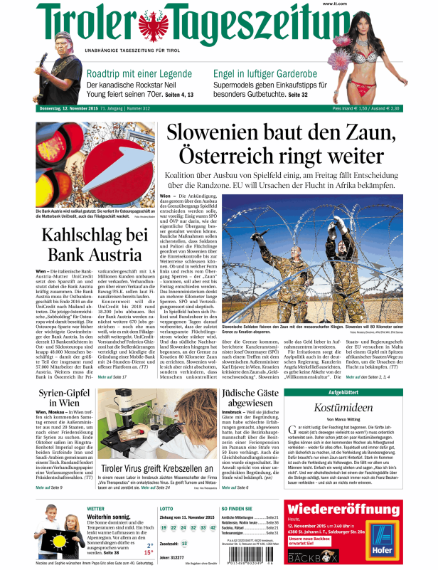 Titelseite der Tiroler Tageszeitung vom 12. November 2015.