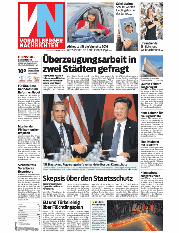 Titelseite der Vorarlberger Nachrichten vom 1. Dezember 2015.