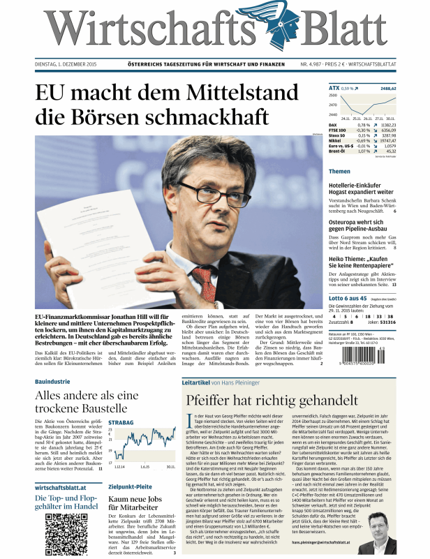 Titelseite des Wirtschaftsblatt vom 1. Dezember 2015 mit dem Titel „EU macht dem Mittelstand die Börsen schmackhaft“.