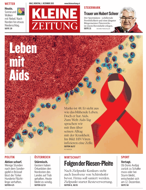 Titelblatt der Kleinen Zeitung vom 1. Dezember 2015 zum Thema „Leben mit Aids“.
