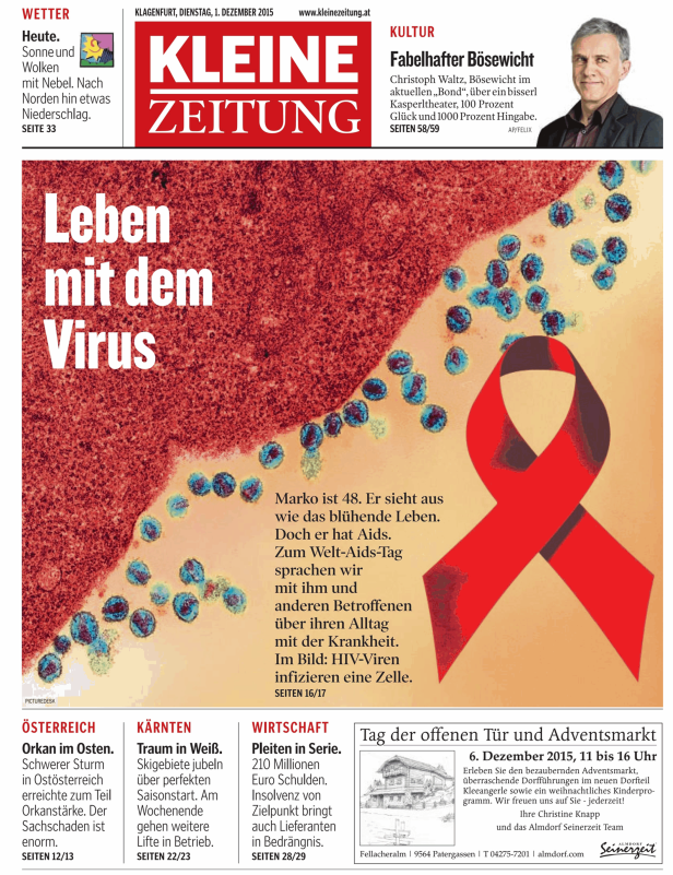 Eine rote Schleife und eine Illustration von HIV-Viren, die eine Zelle infizieren.
