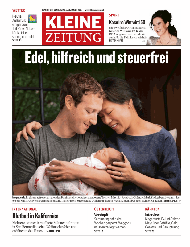 Mark Zuckerberg und seine Frau halten ihr neugeborenes Kind im Arm.