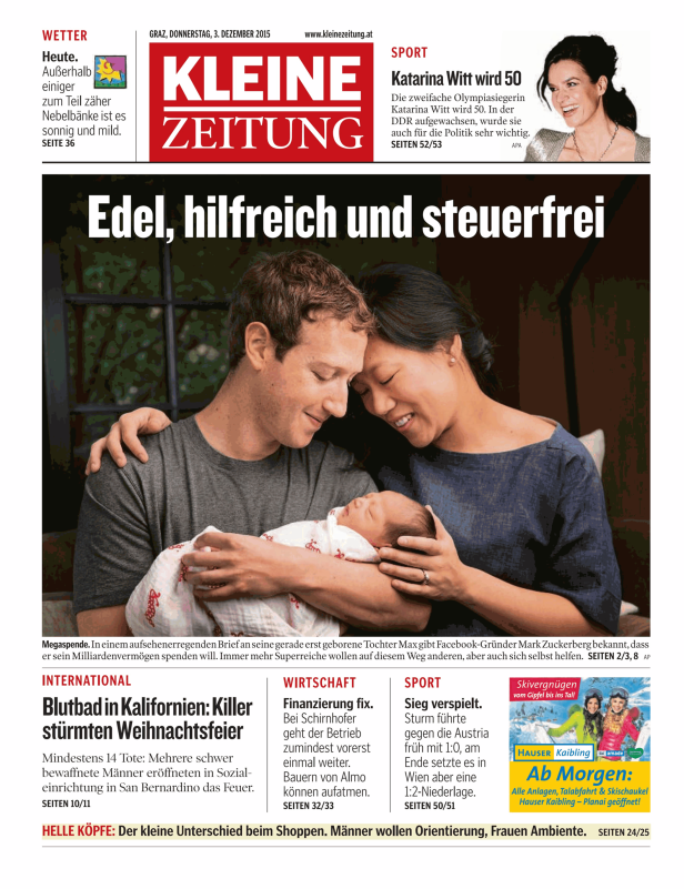 Mark Zuckerberg und seine Frau Priscilla Chan halten ihr Baby im Arm.