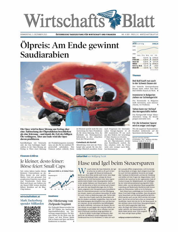 Ein Mann mit Schutzhelm steht vor einem Ölventil auf einer Titelseite des Wirtschaftsblatts.