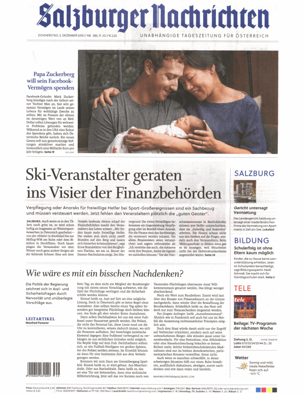 Titelseite der Salzburger Nachrichten vom 3. Dezember 2015 mit Artikeln zu Zuckerberg, Ski-Veranstaltern und Flüchtlingspolitik.