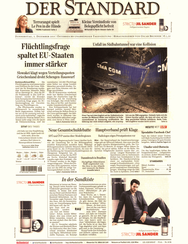 Titelseite der Zeitung „Der Standard“ vom 3. Dezember 2015.