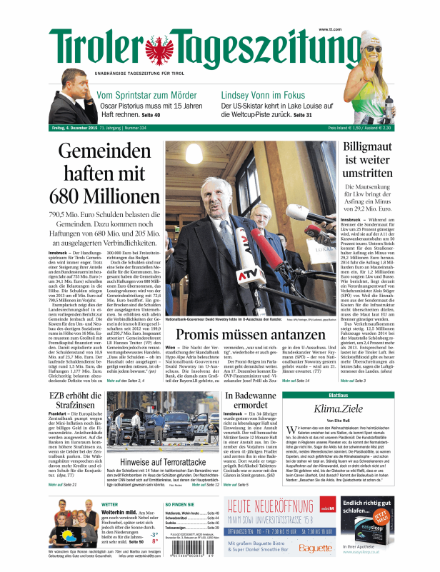 Titelseite der Tiroler Tageszeitung vom 4. Dezember 2015.