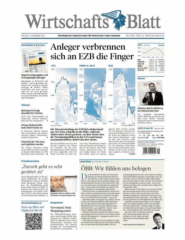 Titelseite des Wirtschaftsblatt vom 4. Dezember 2015 mit Artikeln zu Wirtschaft und Finanzen.