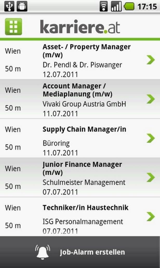 Ein Screenshot der „karriere.at“-App mit einer Liste von Stellenangeboten in Wien.