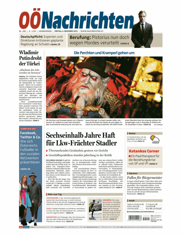Titelseite der OÖNachrichten vom 4. Dezember 2015 mit Artikeln zu Politik, Wirtschaft und Kultur.