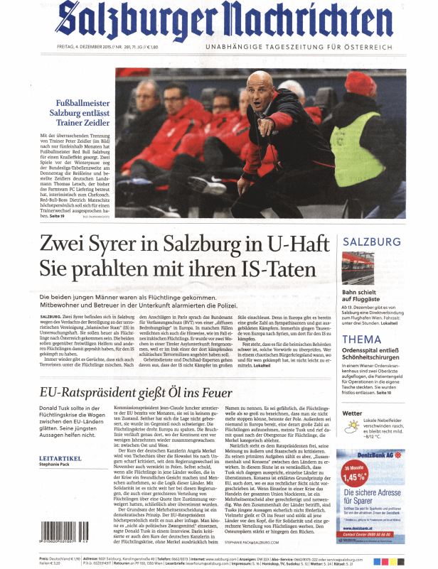 Titelseite der Salzburger Nachrichten vom 4. Dezember 2015.