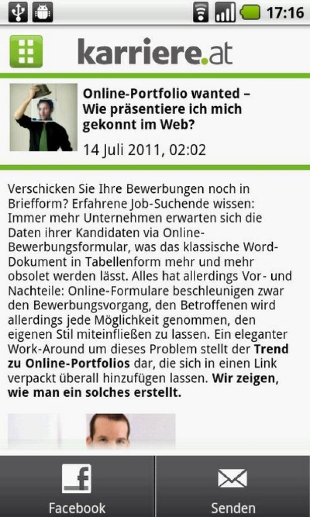 Screenshot der Karriereseite karriere.at zum Thema Online-Portfolios.