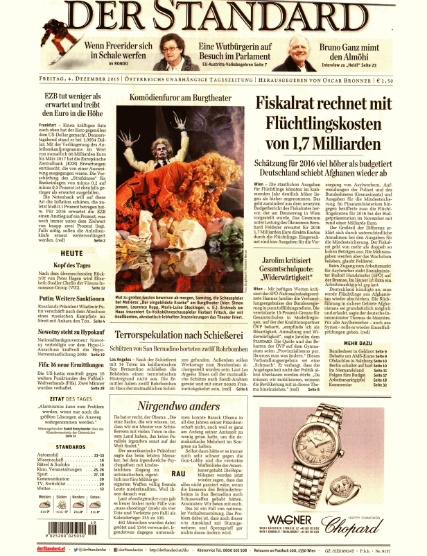 Titelseite der Zeitung Der Standard vom 4. Dezember 2015.
