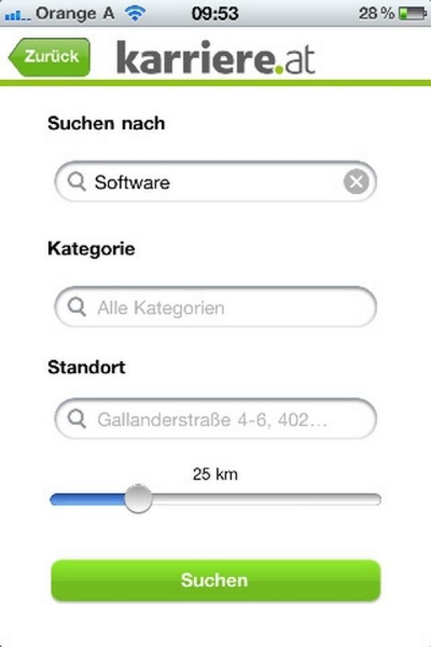Ein Screenshot der Suchmaske der Karriereplattform karriere.at auf einem iPhone.