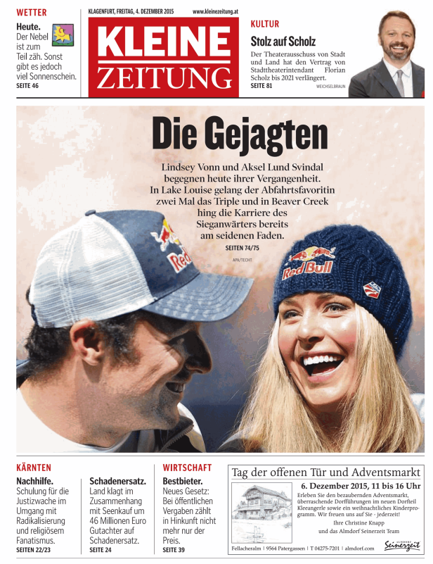 Lindsey Vonn und Aksel Lund Svindal auf der Titelseite der Kleinen Zeitung.