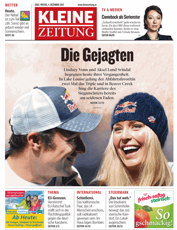 Lindsey Vonn und Aksel Lund Svindal auf der Titelseite der Kleinen Zeitung.